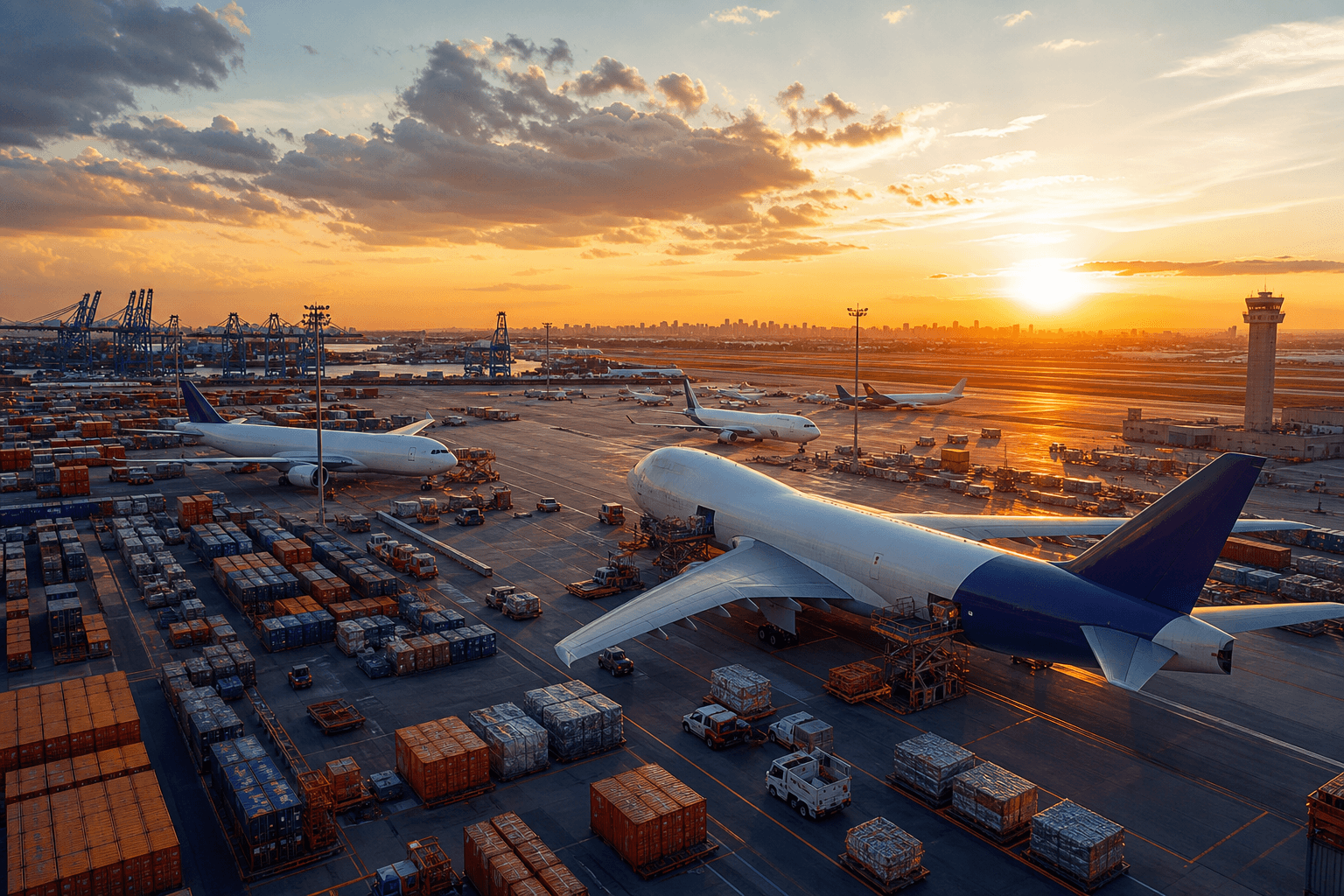 Cargo aircraft and intermodal hub at sunset representing global freight